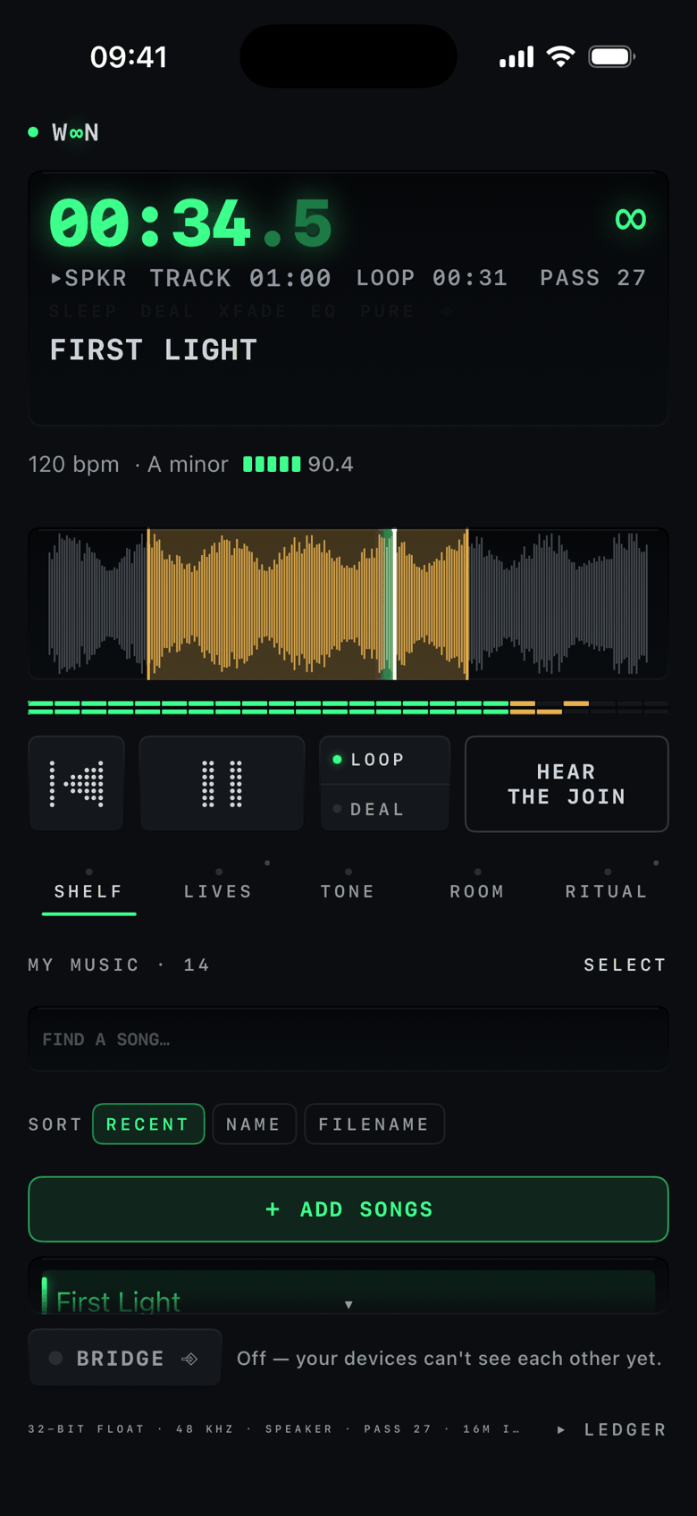 Woon on iPhone: the LCD clock at 00:34.5, First Light playing, the waveform with the loop span lit amber and the needle inside it, dancing level meters, and the pass counter at 27.
