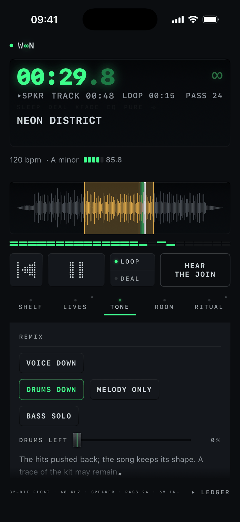 The Tone bay on Neon District: DRUMS DOWN lit green, the drums fader at zero, and the note 'The hits pushed back; the song keeps its shape' — while the loop keeps playing above.